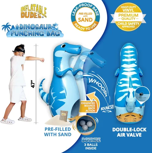 Miniatura 3 de INFLATABLE DUDES Dinosaurio - Saco de boxeo para niños Ya lleno de arena Bolsa Bop Juguete de boxeo inflable Saco de boxeo para niños Blue