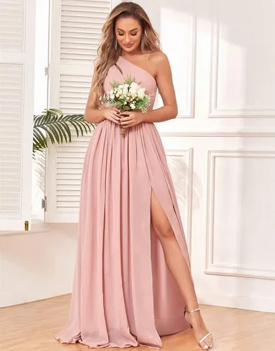Miniatura 5 de MXODI One Shoulder Bridesmaid Dress with Slit Chiffon Long Formal Dresses with Pockets