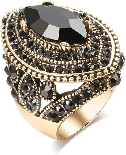 Anillo de mujer - 1.260 in de gran tamaño chapado en oro antiguo estilo turco negro piedra preciosa anillo vintage joyería de las mujeres J0769BLK