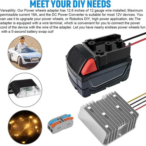 Miniatura 2 de Convertidor de corriente CC y adaptador de rueda de alimentación con fusible e interruptor para batería Milwaukee de 18 V, CC reductor de 18 V a 12