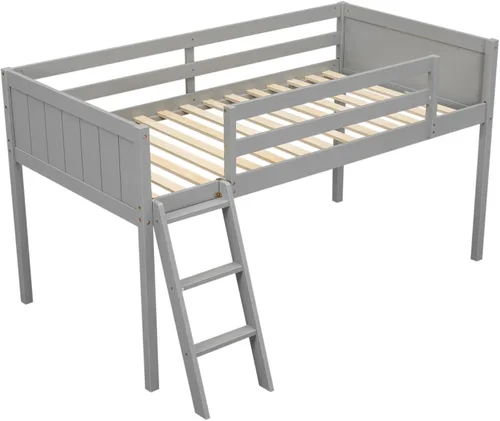 Miniatura 5 de Cama baja de tamaño individual con escalera convertible, se puede colocar a la izquierda o derecha, marco de cama de madera para dormitorio