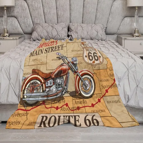 Miniatura 7 de Manta de motocicleta antigua, rústica y clásica, con temática de auto clásico, ruta de EE. UU., 66, patrón impreso, manta de franela súper suave