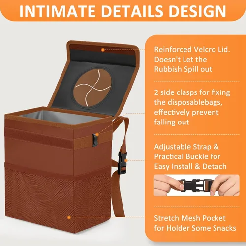 Miniatura 4 de Vankor Cubo de basura para coche, marrón, capacidad de 2.2 galones, impermeable, material de poliéster, correa ajustable, diseño colgante, forro a