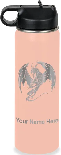 Miniatura 64 de LaserGram Botella de agua con tapa abatible de doble pared de 12 onzas con pajilla, dragón, grabado personalizado incluido (negro)