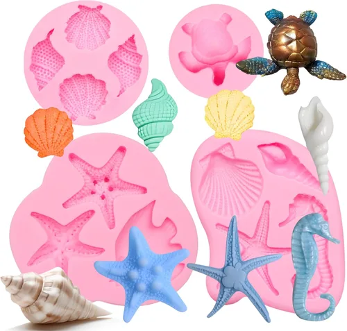 Miniatura 10 de Molde de silicona para fondant de concha, 4 paquetes de moldes de chocolate para hornear temática marina decoración de pasteles, adornos de 4