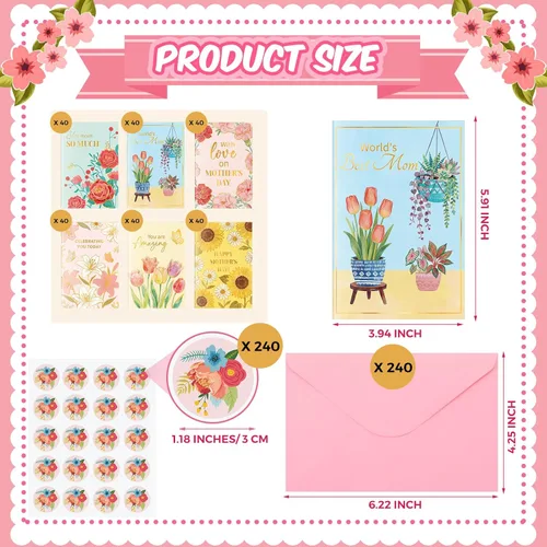 Miniatura 2 de Crtiin Juego de 240 tarjetas para el Día de la Madre a granel 2026 tarjetas de felicitación florales para madre con sobres rosados, 6 diseños