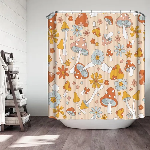 Miniatura 3 de Cortina de ducha retro bohemia para baño con 12 ganchos, moderna cortina de ducha abstracta de mediados de siglo, estilo bohemio, cortina divertida