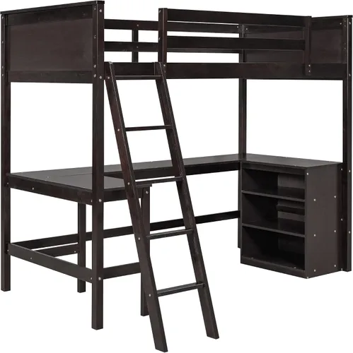 Miniatura 6 de Harper & Bright Designs Cama tipo loft individual con escritorio y 3 estantes, marco de cama tipo loft de madera maciza con escalera en ángulo