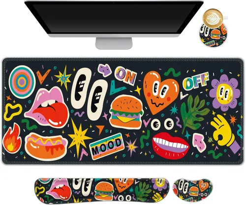 Miniatura 36 de Juego de alfombrilla de mouse grande para juegos, 4 en 1, alfombrilla de escritorio extendida para teclado con reposamuñecas, juego de alfombrilla