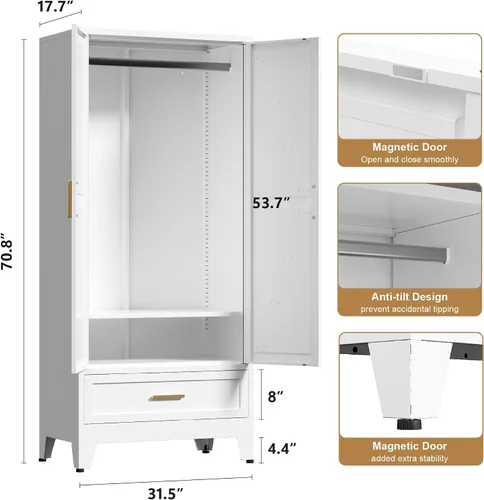 Miniatura 3 de Washsemba 180 cm de armario de metal para casa rural con barra para colgar, 2 armarios de granero con estantes ajustables, cajón, para comedor