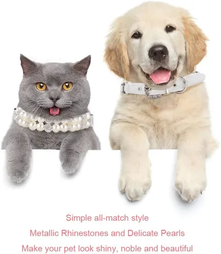 Miniatura 4 de HOWWFALY Collares de perlas para perros y gatos con diamantes de imitación de cristal, collar de piel sintética, collar ajustable para perros
