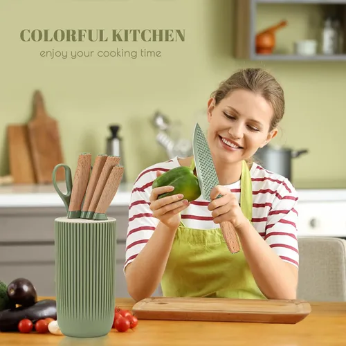 Miniatura 6 de Juego de cuchillos de cocina, 6 piezas, juego de cuchillos profesionales verdes con bloque de cuchillos universal, juego de cuchillos súper afilados