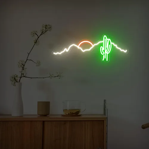 Miniatura 5 de Letrero de neón, hecho a mano, arte estético fresco de montaña, puesta de sol, cactus LED, luz de neón, lámpara de noche de montaña abstracta 3D