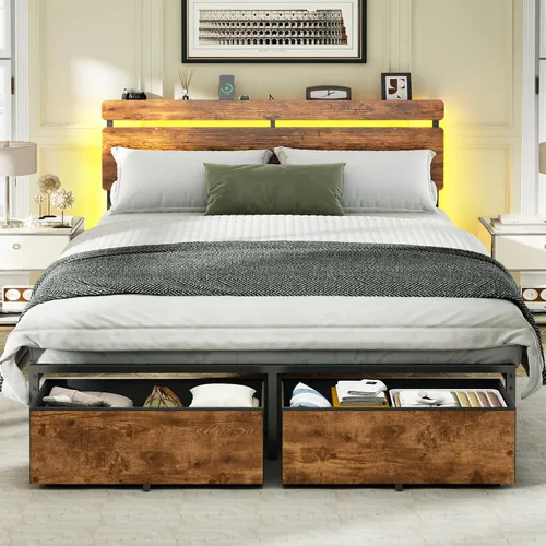 Miniatura 12 de Forestell - Marcos de cama individual con cabecera de madera, cama plataforma negra con 2 cajones de almacenamiento y estante, estación de carga