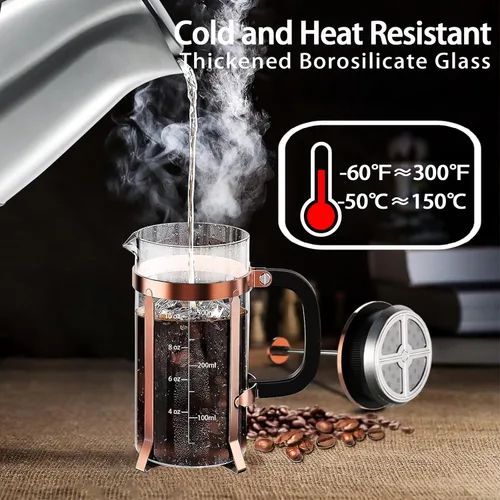 Miniatura 3 de YMMIND Cafetera de Prensa Francesa de Acero Inoxidable 304, Cafetera de Prensa Francesa con Sistema de 4 Filtros, Vidrio de Borosilicato Resistente
