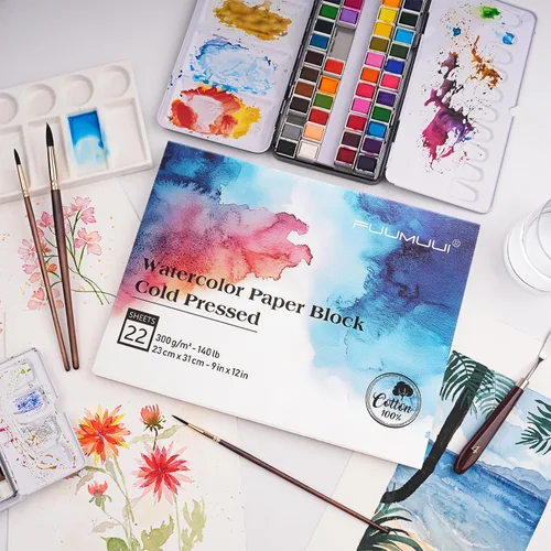 Miniatura 7 de Bloque de papel para acuarelas 9x12 pulgadas, Fuumuui, almohadilla de papel 100% algodón, 22 hojas, prensado en frío, sin ácidos, 140 lb/300 gsm