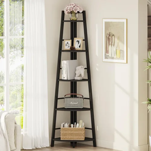 BON AUGURE Estantería Esquinera de Escalera, Librero Esquinero de Madera y Metal Negro de 5 Niveles, Unidad de Estantería Estrecha y Alta para