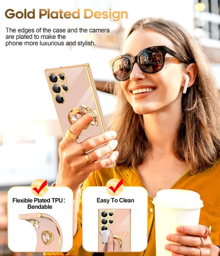 Miniatura 6 de LeYi Funda para Samsung Galaxy S22 Ultra con Soporte de Anillo Giratorio de 360°, Soporte Magnético con Patilla, Borde Chapado en Oro Rosa Protector