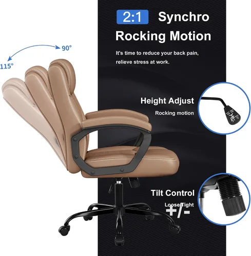 Miniatura 4 de Misolant Silla de oficina, silla de escritorio ejecutiva, cómodas sillas ergonómicas de piel sintética con reposabrazos fijo, altura ajustable