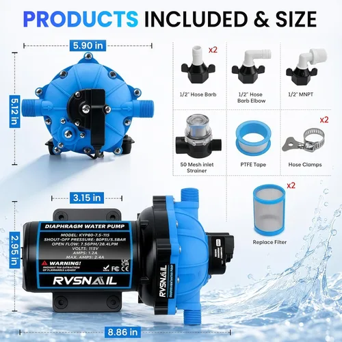 Miniatura 2 de Bomba de agua dulce de diafragma de 5 cámaras de 110 V, 7.5 GPM, 80 PSI, bomba de refuerzo autocebante con interruptor de presión resistente
