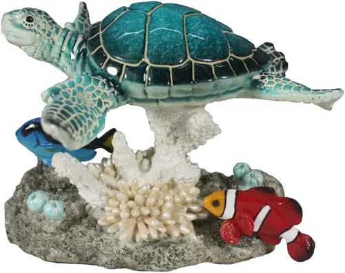 Comfy Hour Figura de tortuga marina y pez payaso de 7 pulgadas en arrecife de coral, escultura decorativa temática oceánica para casa de playa,