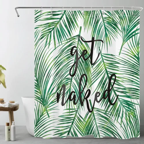 Miniatura 12 de LB Cortina de ducha de plantas de hojas verdes tropicales, citas divertidas y hojas de palma en cortinas de ducha beige para baño, tela de poliéster