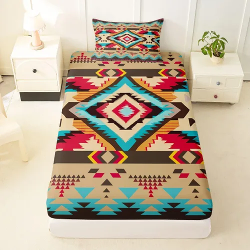 Miniatura 18 de Juego de ropa de cama occidental tamaño individual, sábanas aztecas, estilo nórdico exótico, bohemio, sábana bajera ajustable de tribu india