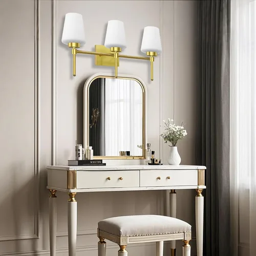 Miniatura 7 de Lámpara de baño de latón cepillado, 3 luces de 24 pulgadas, aplique de pared moderno con pantalla de vidrio para sobre el espejo, clasificación