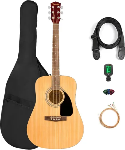 Fender Guitarra acústica Dreadnought - Paquete natural con estuche, afinador, cuerdas, correa y púas