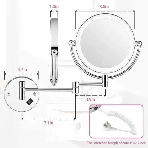 Miniatura 6 de Wall Mounted Makeup Mirror LED Touch Button Stepless Adjustable Light Double Sided 1X/5x Magnifying Vanity Mirror 360° Swivel Extendable for