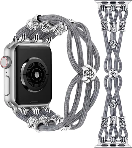 Miniatura 28 de TOYOUTHS Correa bohemia compatible con Apple Watch Band de 1.65, 1.57, 1.57 y 1.49 pulgadas, con cuentas, trenzada, elástica, occidental, elegante