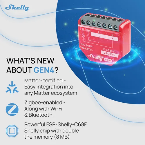 Miniatura 3 de Shelly 1PM Gen4 Interruptor de relé inteligente Wi-Fi, Zigbee, Matter con medición de potencia, 1 canal 16A Automatización del hogar