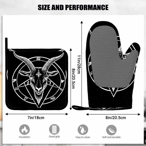 Miniatura 3 de Mxocom Pentagram Demon - Juego de guantes de silicona para horno y agarraderas, Baphomet con símbolo de cabeza de cabra satánica, tatuaje blanco