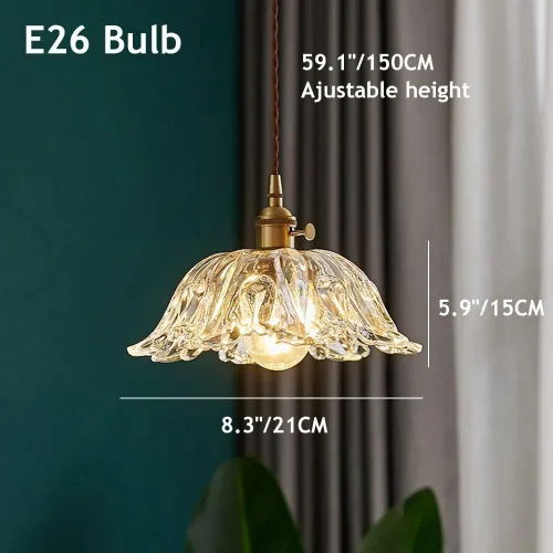 Miniatura 2 de Retro Brass Pendant Light Fixtures, Mid Century Flower Shape Glass Shade Hanging Pendant Lamp, 59.1in Adjustable Height E27/E26 Sockets Chandelier
