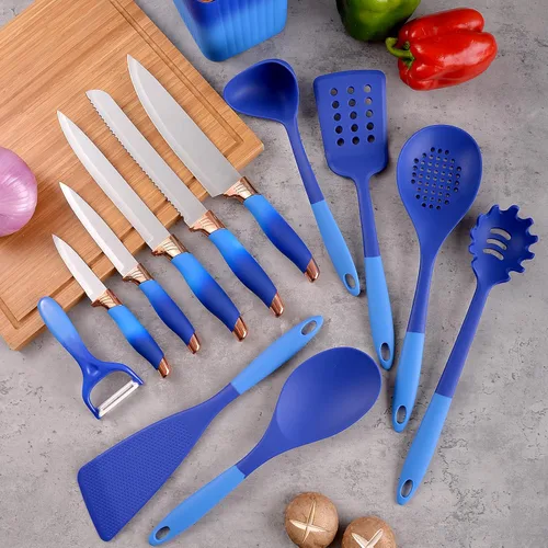 Miniatura 2 de Juego de utensilios de cocina de 13 piezas, juego de utensilios de cocina de silicona azul con 5 cuchillos de cocina, juego de espátulas no tóxicas