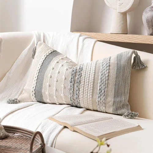 Miniatura 22 de BlissBlush Funda de almohada bohemia gris de 22 x 22 pulgadas, almohada decorativa gris para sofá, funda de almohada cuadrada tejida con textura