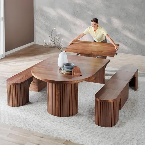 Miniatura 32 de Transformer Table - Mesa de comedor redonda extensible de madera maciza, mesa de comedor redonda extensible, muebles modernos que ahorran espacio