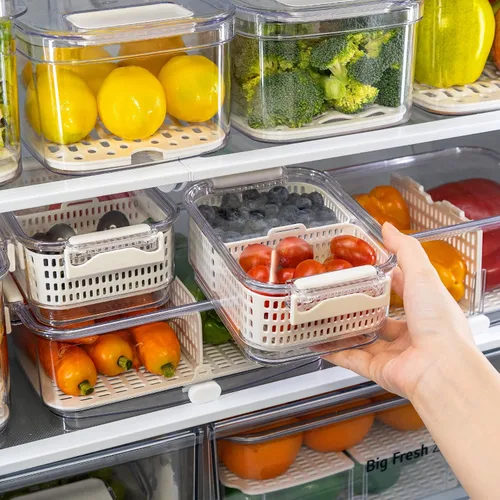 Miniatura 9 de Felli Duo Fresh Produce Saver para Nevera, Recipiente para Frutas y Vegetales con Ventilación y Drenaje en la Parte Inferior para Lavado, Colador