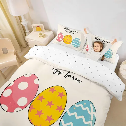 Miniatura 5 de jejeloiu Juego de ropa de cama de Pascua para niñas y niños, huevos de Pascua, juego de funda de edredón decorativa colorida para el día de Pascua