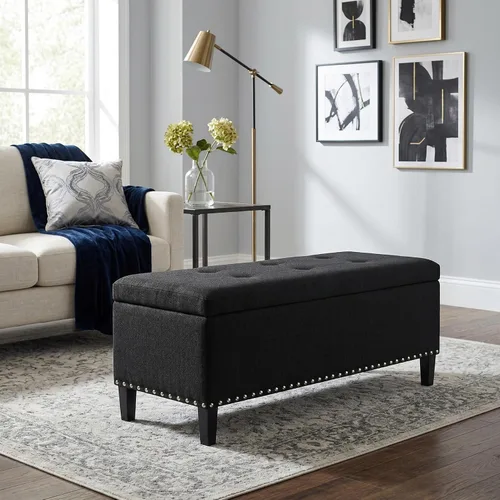 Joveco Banco otomano grande de almacenamiento de 41 pulgadas con ribete de cabeza de clavo, copetudo y lino de algodón, copetudo rectangular para