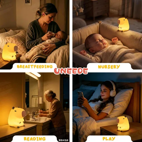 Miniatura 7 de UNEEDE Bonita luz nocturna de Capibara, novedosa luz nocturna de silicona de animales para guardería, lámpara de mesa de cabecera recargable
