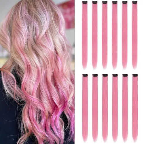 Miniatura 14 de Paquete de 12 extensiones de cabello de colores arcoíris, mechones para fiestas, 22 pulgadas, extensiones de cabello coloridas con clip, mechones