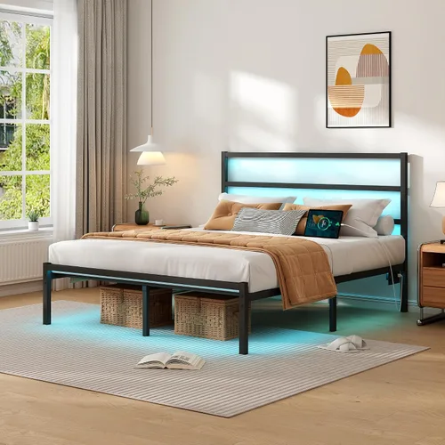 Miniatura 3 de CLIBFENG - Base de cama Queen con cabecera, listones de acero resistentes de apoyo - Base de cama LED con estación de carga USB, fundamento
