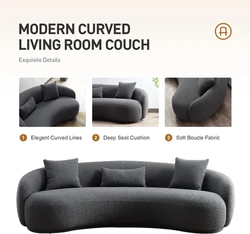 Miniatura 5 de Acanva Sofá de sala de estar curvado moderno de mediados de siglo, sofá de tela Boucle de 4 asientos para dormitorio, oficina, apartamento, gris