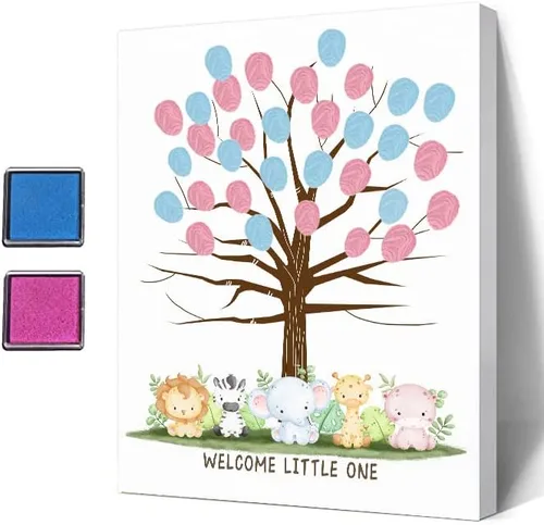 Ggjgrpx Divertido árbol de huellas dactilares para baby shower, juego de fiesta de libro de invitados multianimales para baby shower, fiesta de baby