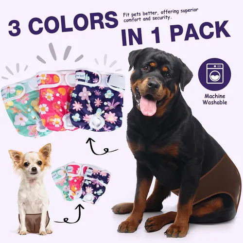 Miniatura 2 de Pet Soft Pañales lavables para hembra (paquete de 3) – Pañales para perras, cómodos pañales reutilizables para perritos en período de calor (Flor, L)