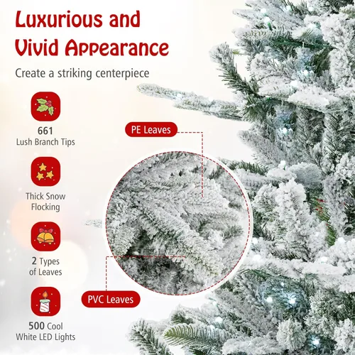Miniatura 2 de DORTALA Árbol de Navidad flocado preiluminado de 6 pies, árbol de Navidad artificial con bisagras con 500 luces LED blancas frías, control remoto, 3