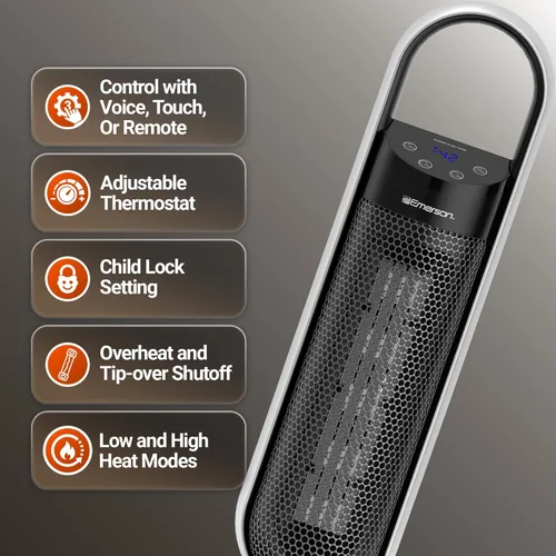 Miniatura 5 de Emerson SmartVoice - Calentador de espacio en torre de 23 pulgadas, control de voz sin conexión, calentamiento rápido de 1500 W, oscilación de 65°