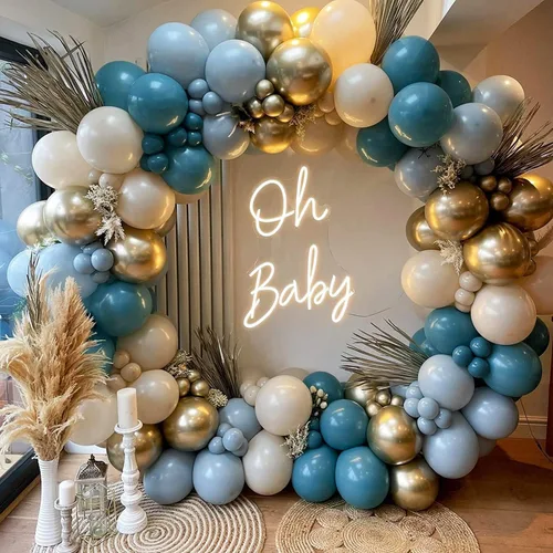Miniatura 7 de Kit de guirnalda de globos azul polvoriento, azul niebla, azul real, azul pastel, arena, blanco, dorado metálico, globos de látex para despedida
