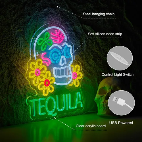 Miniatura 5 de Roouneon Letrero de Neón de Tequila para Decoración de Pared Tequila Mexicano USB Regulable Letrero LED de Neón para Decoración de Luz de Bar